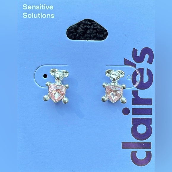 Claire's Faux Crystal Silver and Pink Teddy Bear Stud Pierced Earrings - Picture 4 of 8